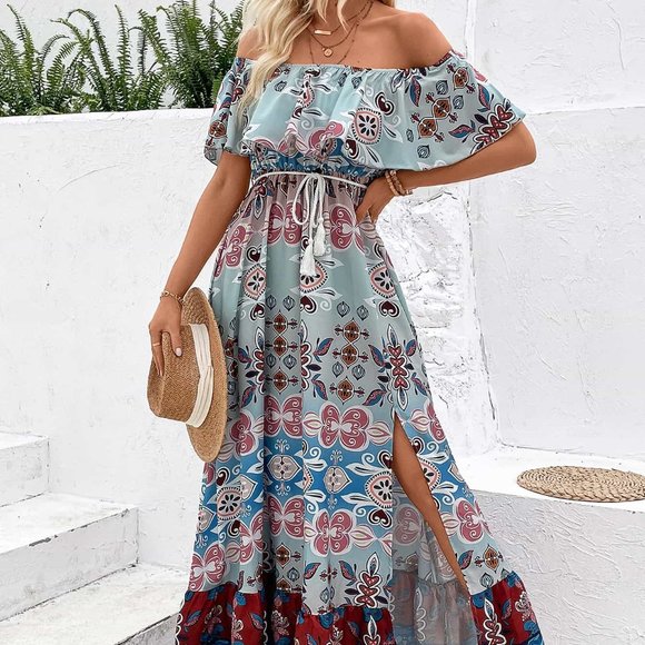 Printed Off-Shoulder Slit Maxi Dress - Picture 1 of 7